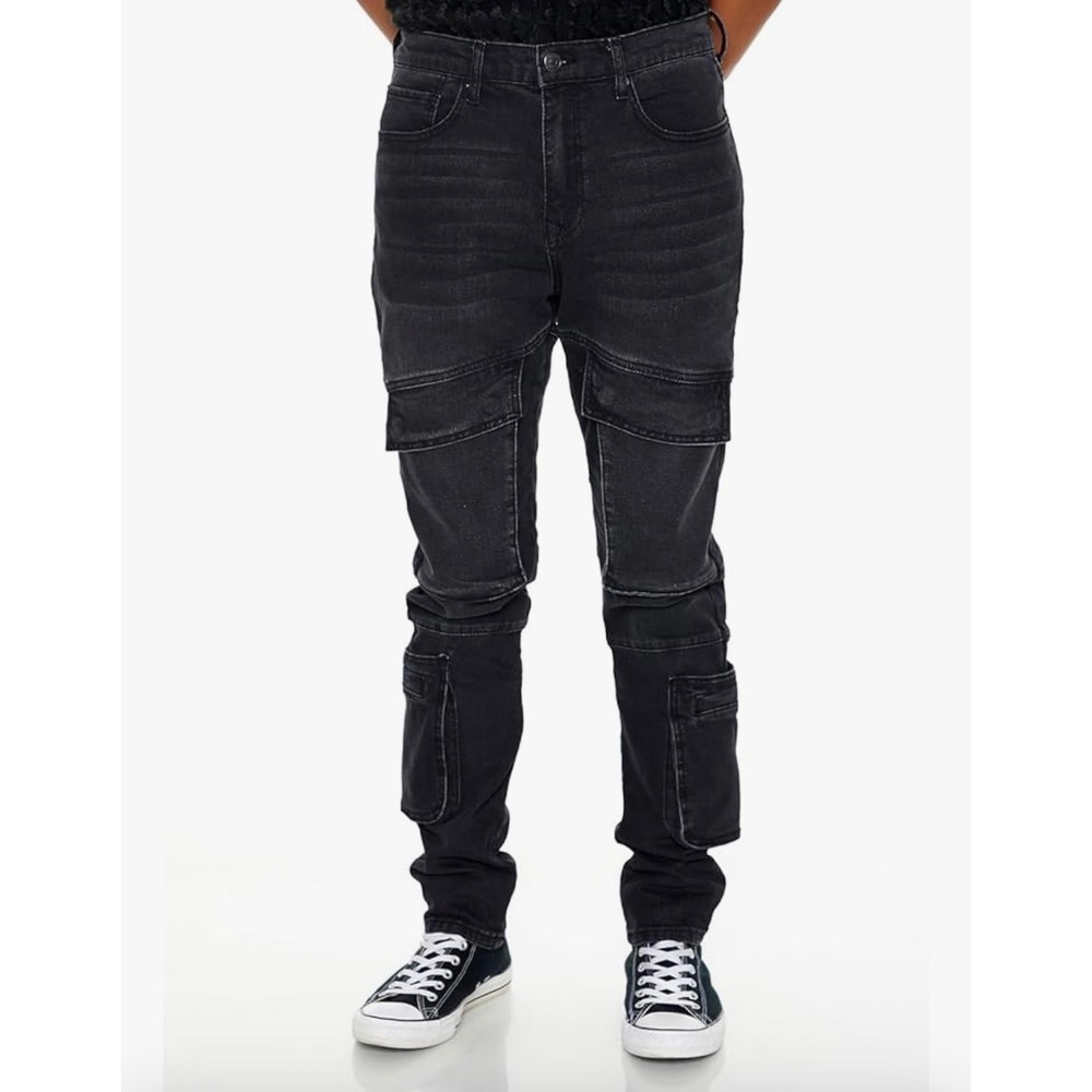 Forever 21 Men Slim Black Cargo Jeans Size 36 Distressed Utility Denim NWT